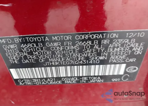 2011 Lexus Es 350 from USA, damaged, VIN JTHBK1EG7B2431410